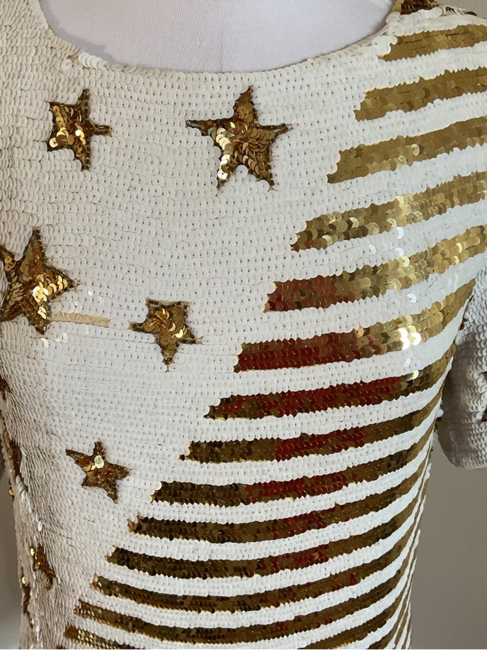 Modi 100% Silk White Blouse Gold Sequin Stars & Stripes Top Small Lined - Picture 3 of 8